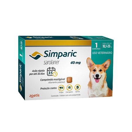 Antipulgas Simparic 40mg Cães 10,1 A 20kg -  1 Comprimido Avulso