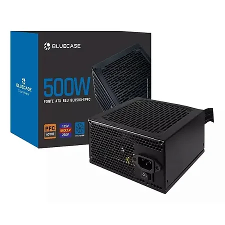 FONTE PS/2 500W REAL 80 PLUS BRONZE PFC ATIVO C/ CAIXA C/ CABO (BLU500R-B) - BLUECASE - PRETO