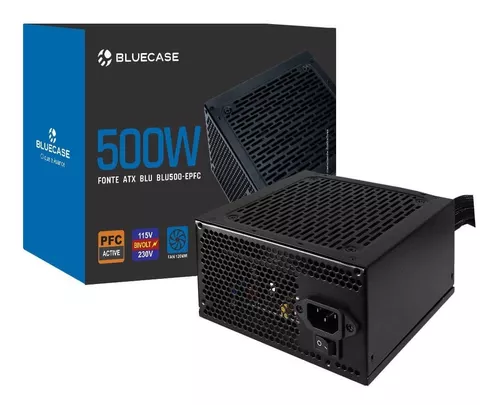 FONTE DE ALIMENTACAO ATX PS/2 500W PFC ATIVO C/ CAIXA C/ CABO (BLU500-EPFC) - BLUECASE - BIVOLT AUTOMATICO / PRETO