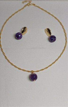 CONJUNTO COLAR ARO TORCIDO E BRINCO PEDRA  AMESTISTA BANHADO OURO 18K
