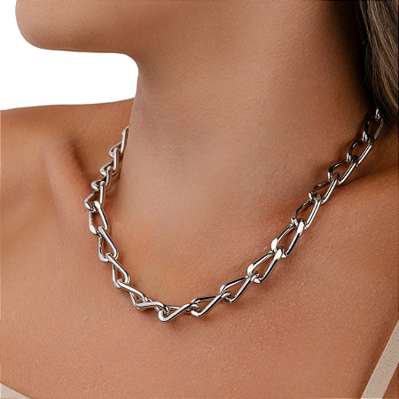COLAR CHOKER  CORRENTE GARGATILHA RÓDIO BRANCO  45 Cm