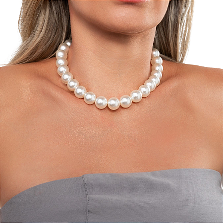 COLAR PEROLA SHELL 12MM 45CM COM FECHO BANHADO OURO 18K