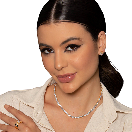 CONJUNTO BRINCO E ANEL CRAVEJADO DE ZIRCONIAS Nº 20 BANHADO NO RÓDIO BRANCO