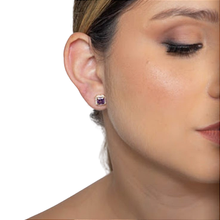 BRINCO ZIRCONIA COM PEDRA NATURAL LILÁS BANHADO EM RÓDIO BRANCO