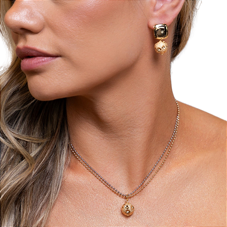COLAR BOLINHA WHITE E  BRINCO GOLD 40CM BANHADO A OURO 18K