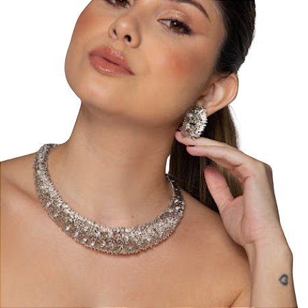 CONJUNTO BRINCO E COLAR ZIRCÔNIA BANHADO RÓDIO BRANCO