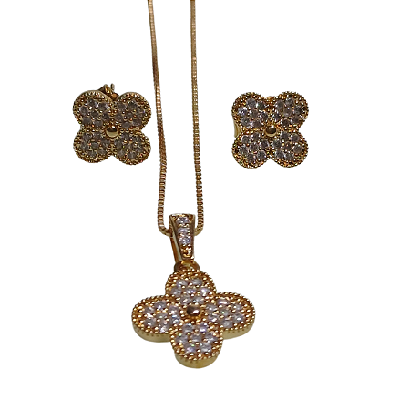 CONJUNTO COLAR E BRINCO ZIRCONIA BANHADO OURO 18K