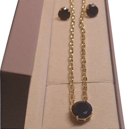 CONJUNTO COLAR E BRINCO PONTO LUZ CRISTAL BLACK 40+5CM BANHADO A OURO 18K