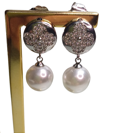 BRINCO ZIRCONIA E PEROLA BANHADO RÓDIO BRANCO