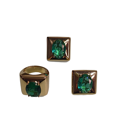 CONJUNTO BRINCO E ANEL ZIRCONIA VERDE BANHADO OURO 18K Nº19