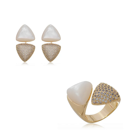 CONJUNTO BRINCO E ANEL PÉROLA ZIRCÔNIA Nº19 BANHADO OURO 18K