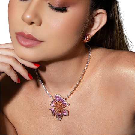 CONJUNTO DE FLOR BRINCO E COLAR 38CM BANHADO OURO 18K