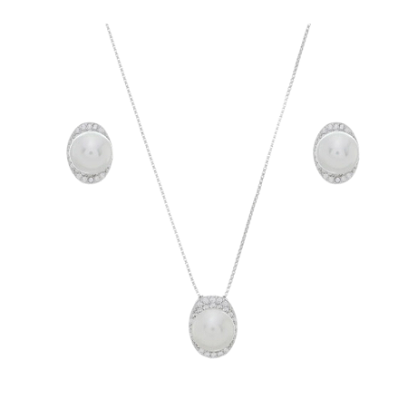 CONJUNTO BRINCO E COLAR ZIRCONIA E PÉROLA BANHADO RÓDIO BRANCO