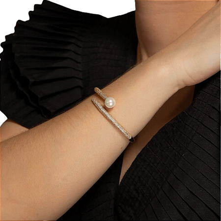 PULSEIRA CRAVEJADA ZIRCONIAS E PÉROLA BANHADO OURO 18K