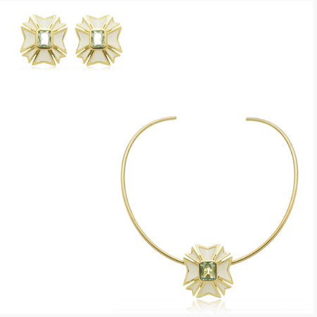 CONJUNTO BRINCO E COLAR RESINA E ZIRCONIA BANHADO OURO 18K COD.69452