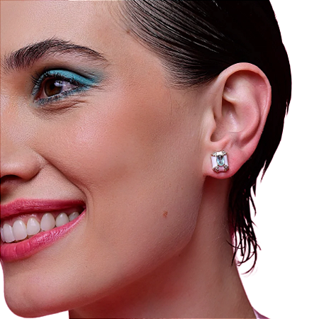 Brinco quadrado zircônia azul água esmaltado banhado a ouro 18k