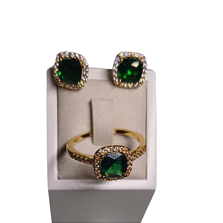 CONJUNTO BRINCO E ANEL ZIRCONIA VERDE ESMERALDA BANHADO OURO 18K  Nº23