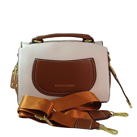 BOLSA  FASHION & BAGS MÉDIA BRANCA COM MARROM CAFÉ FEMININA BÁU