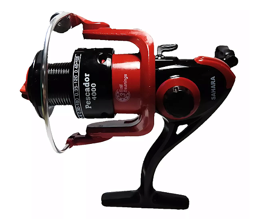 Molinete de Pesca Sahara Pescador 3 Rolamentos Drag 5 KG Tamanhos 3000 4000 5000 6000 7000 Corpo e Manivela de Grafite Cor Preto com Vermelho