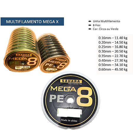 Linha de Pesca Multifilamento 8X Mega 10X100 Metros (caixa com 10 rolos 1000 metros no total) 0,16 0,20 0,25 0,30 0,35 0,40 0,50 0,60 mm Cinza Verde