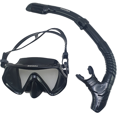 Máscara de Mergulho Silicone Snorkel com Válvula e Quebra Ondas Adulto Sahara Cores Disponíveis Preto, Rosa e Amarelo Azul