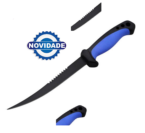 Faca para pesca 6,5 Sahara F-363 Aço 420 SS + PP + TPR Acompanha Bainha 28 cm Cor: Preto com Azul