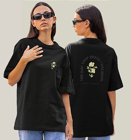 Camiseta Oversized Feminina Preta Algodão Premium WSS Yellow Bloom