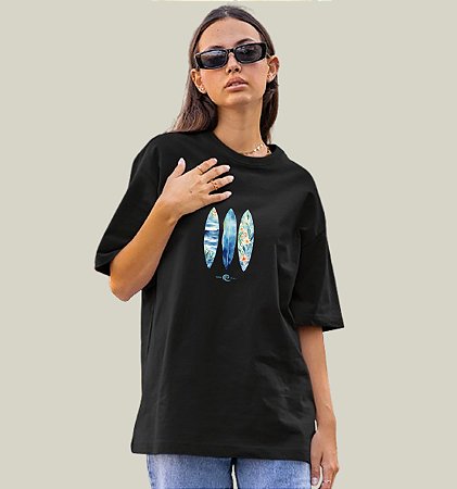 Camiseta Oversized Feminina Preta Algodão Premium WSS Floral Surf