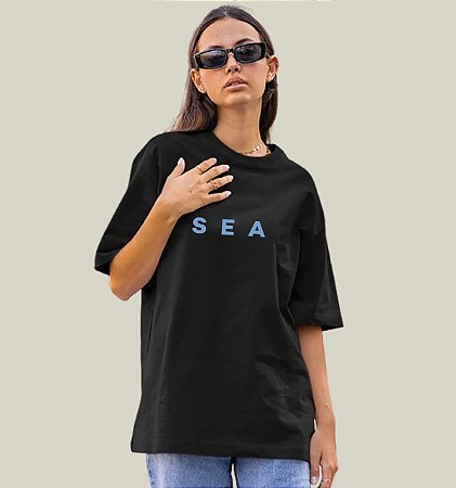 Camiseta Oversized Feminina Preta Algodão Premium WSS Sea