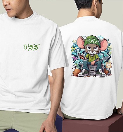 Camiseta Oversized Masculina Branca Algodão Premium WSS Street Rat
