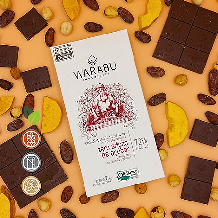 Chocolate Orgânico Zero Açúcar 72% Cacau 70g - Warabu