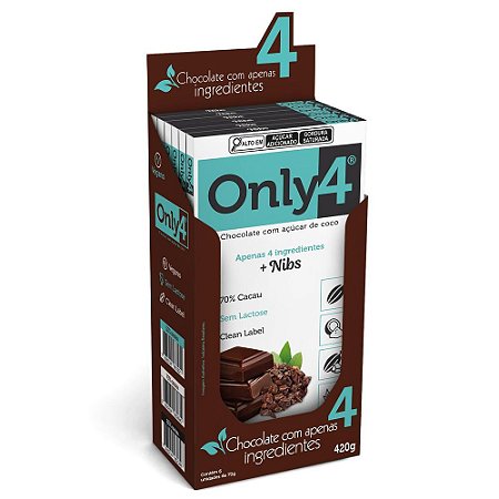 ONLY4 70% Cacau com Nibs 70g - Tudo Zero Leite - Display com 6
