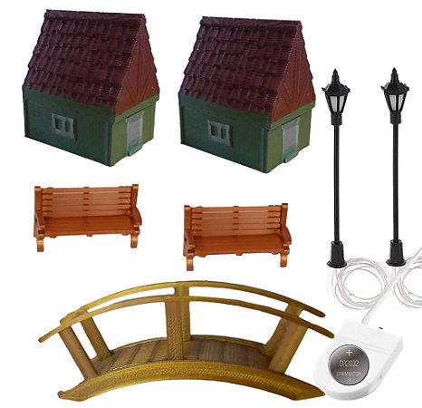 Kit Miniaturas Banco Poste Ponte Casa - Maquetes E Terrário