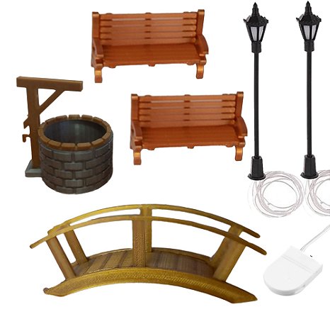 Kit Miniaturas Banco Poste Ponte Poço - Maquetes E Terrário