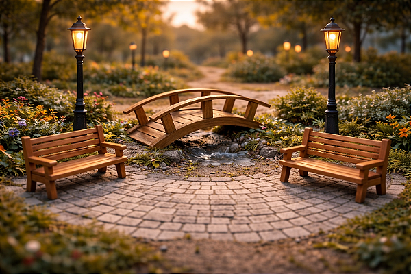 Kit Miniaturas 2 Banco/2 Poste/1 Ponte - Maquetes E Terrário