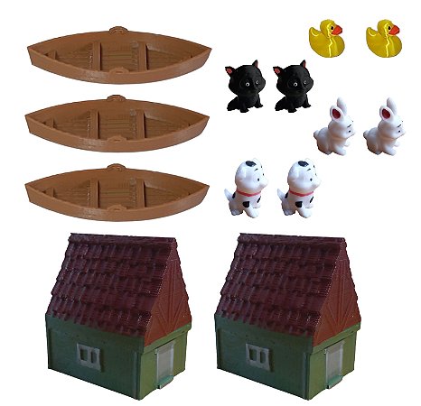 Kit 13 Pç Miniatura Pato Dog Dalmata Casa Barco Colho Gato Terrário Mundo Bonsai