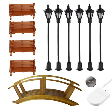 Kit Miniaturas 4xBanco 6xPoste 1xPonte - Maquetes E Terrário