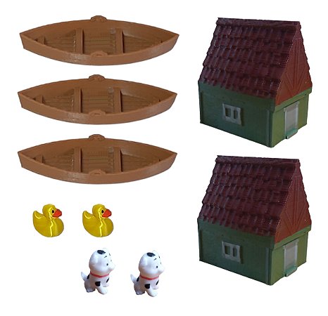Kit 9 Pç Miniatura Patos Dog Dalmatas Casas Barcos Terrário Mini Mundo Bonsai
