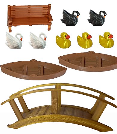 Kit Com 11 Miniaturas Terrário Ponte/cisne/pato/banco/barco