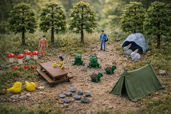 Miniaturas Pic-Nick no Bosque c/ Cogumelos, Mesa, coelho, arvores – Diorama