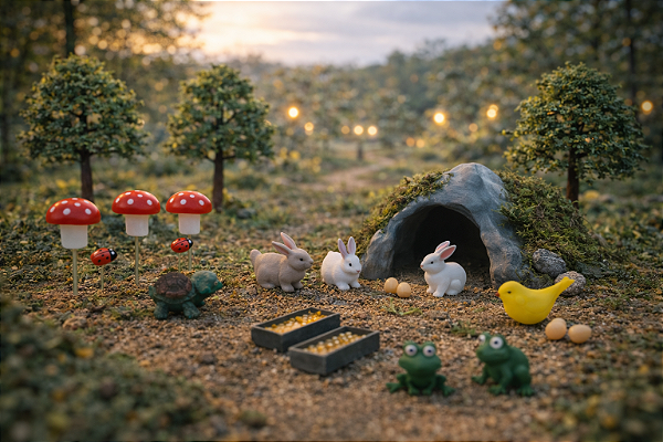 Miniaturas Bosque c/ Cogumelos, Toca, fogueira, banco – maquete terraios