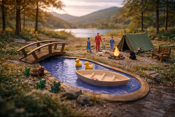 Miniaturas Acampamento no Lago c/ Tenda, Barco – Diorama Terrário Maquetes