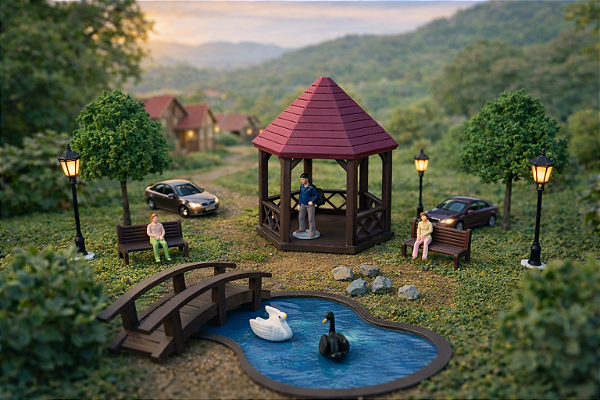 Miniaturas Horto c/ Coreto, Lago, Ponte, Cisnes – Maquete,Terrário, Diorama Trabalho Escolar