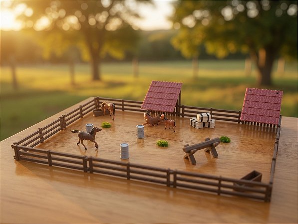 Piquete dos Cavaleiros – Kit Miniatura com Cavalos, Cercas, Barris, Cocho e Feno – Terrários, Maquetes e Dioramas