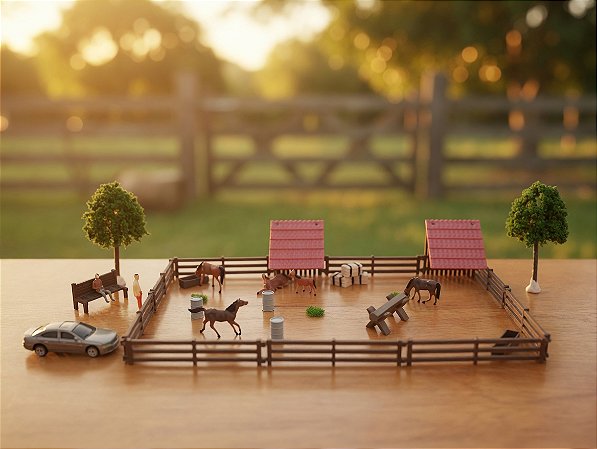Haras Vale dos Cavalos – Kit Premium Miniatura com Cavalos, Estábulos, Árvores, Carro e Pessoas – Maquetes e Dioramas