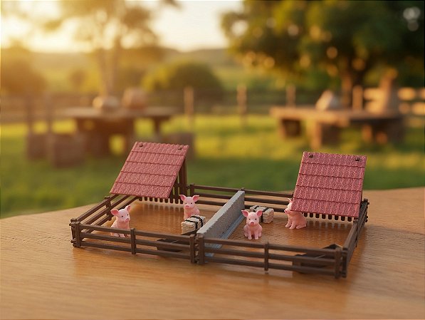 Chiqueiro da Fazenda – Kit Miniatura com Porquinhos, Cercas, Cochos e Feno – Trabalhos Escolares, Maquetes e Dioramas