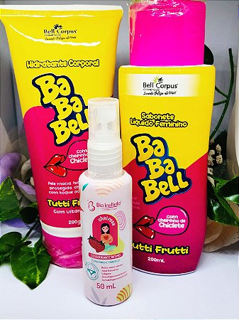 KIT  07  1 HIDRATANTE CORPORAL BABABELL TUTI FRUTE+ 1 SABONETE ÍNTIMO LIQUÍDO BABAELL TUTI FRUTE + 1 DESODORANTE ÍNTIMO MORANGO E CHANTILLY + 1 CAIXA PARA PRESENTE BRANCA