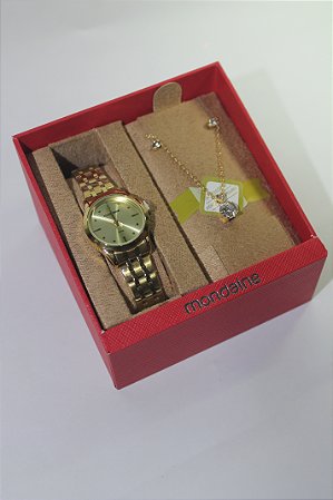 KIT RELÓGIO MONDAINE FEMININO DOURADO PEQUENO CLÁSSICO Á PROVA D'ÁGUA 32611LPMKDE1