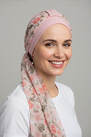 Turbante Aatma Rosa UV 50+ com Lenço Rosa em Flor