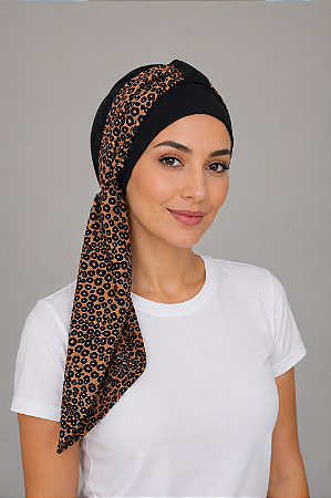 Turbante Aatma Preto com Lenço Leopardo